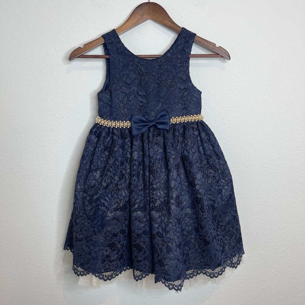 American Princess Girls Navy Gold Lace Dress Pearl Waist Bow Size 6X 7 Formal